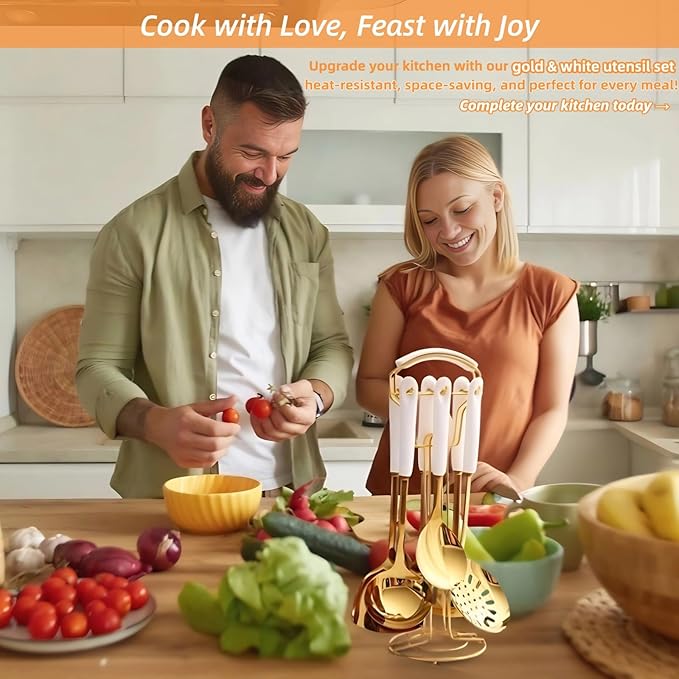 Novellus Stainless Steel Gold Kitchen Utensils Set with Holder, 7pcs Kitchen Accessories for Cooking Includes Soup Ladle, Metal Spatula, Slotted Spoon, Slotted Spatula, Pasta Spoon, White & Gold