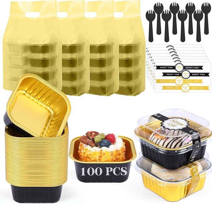 424 Pack Black Gold Mini Cake Pans Set with Lids and Spoons Include 100 Macaron 5oz Disposable Aluminum Foil Baking Pans 100 Lids 100 Spoons 100 Sealing Stickers 24 Gift Bags for Dessert