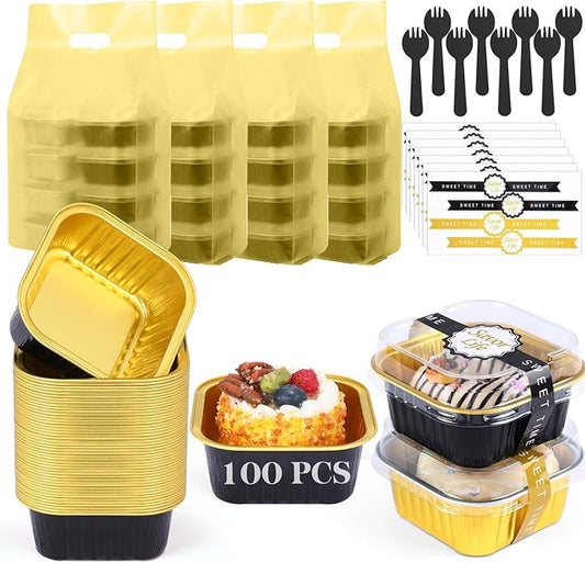 424 Pack Black Gold Mini Cake Pans Set with Lids and Spoons Include 100 Macaron 5oz Disposable Aluminum Foil Baking Pans 100 Lids 100 Spoons 100 Sealing Stickers 24 Gift Bags for Dessert
