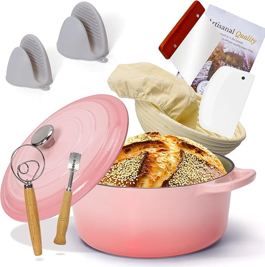 5QT Enameled Cast Iron Dutch Oven for Bread Baking with Lid, Sourdough Baking Supplies with Proofing Basket, Bread Making Tools Set, Heavy-Duty Cookware for Braising, Stews, Roasting (Pink)