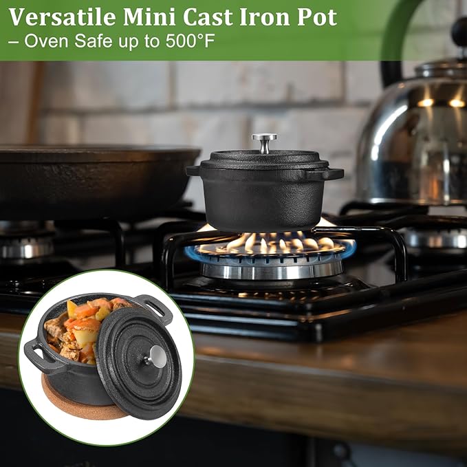 3 Pcs Mini Cast Iron Dutch Oven Set – 8 oz Garlic Roaster Cocotte Pots with Lids, Handles and Cork Pan Mats Small Cast Iron Pots for Baking, Roasting, BBQ Grill, Stovetop and Oven Use