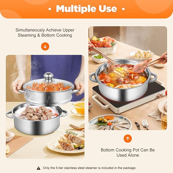 5-Tier Stainless Steel Steamer, Stainless Steel Steamer Basket Multi-Layer Cookware Steamer Pot Food Grade Steamer Pot with Glass Lid and Handles for Home Kitchen Restaurant Hotel (Silver B, 10inch)