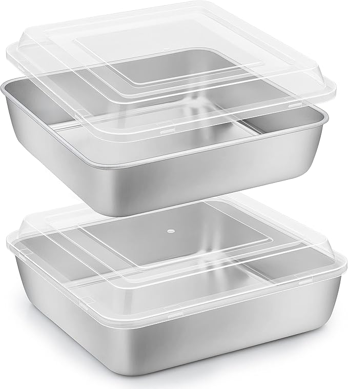 Herogo 8”x 8” Square Cake Pan, Stainless Steel Square Baking Pan with Lid, Cakes Brownie Lasagna Bakeware Set of 2, Healthy & Dishwasher Safe