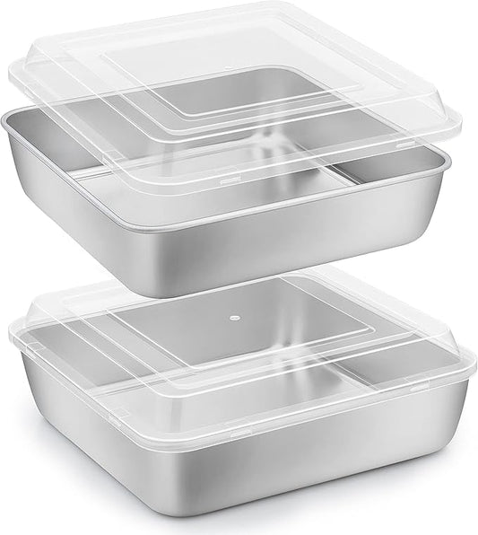 Herogo 8”x 8” Square Cake Pan, Stainless Steel Square Baking Pan with Lid, Cakes Brownie Lasagna Bakeware Set of 2, Healthy & Dishwasher Safe