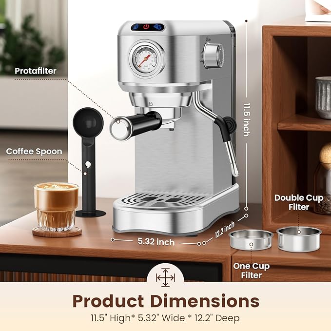 Espresso Machine 20 Bar, Compact Espresso Maker, Stainless Steel Expresso Coffee Machines with Steam Milk Frother & 34oz Removable Water Tank for Cappuccino, Latte, Home Office Use, Silver