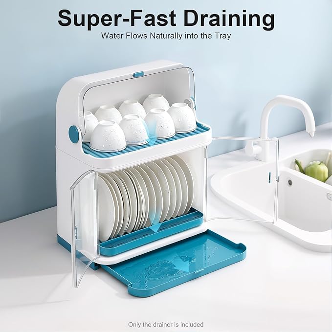 2 Tier Dish Drying Rack, Kitchen Organizer Storage Cup Holder W/Lid Cover, Organizer Storage Cup Holder, Kitchen DishRack Drain Bowl CupPlate Dish Drying Drainer