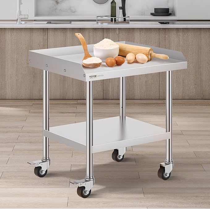 VEVOR Stainless Steel Work Table, 24 x 28 x 30 Inch Commercial Food Prep Worktable with 4 Wheels, Casters, 3-Sided Backsplash Heavy Duty Prep Worktable, Metal Work Table for Restaurant Home Hotel