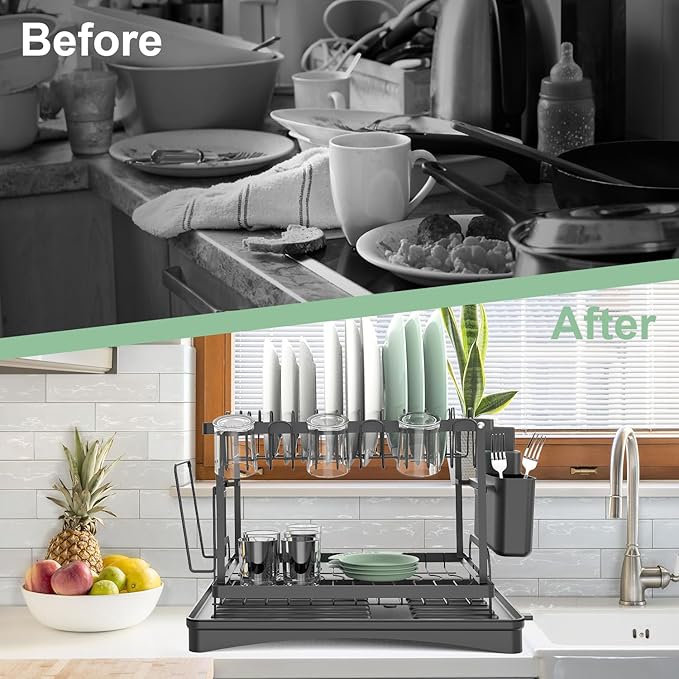 NEATEST Dish Drying Rack, 2-Tier Dish Rack for Kitchen Counter with Auto Draining Tray Kitchen Organizers and Storage with Cutlery Holder for Dish/Knifes/Cup/Cutting Board Dish Drainer