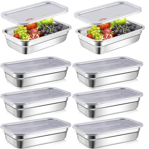 8 Pcs 304 Stainless Steel Food Storage Containers with Lid Hotel Pans for Kitchen Home Catering Food Prep Restaurant Buffet Hotel(2.5 Inch Deep)
