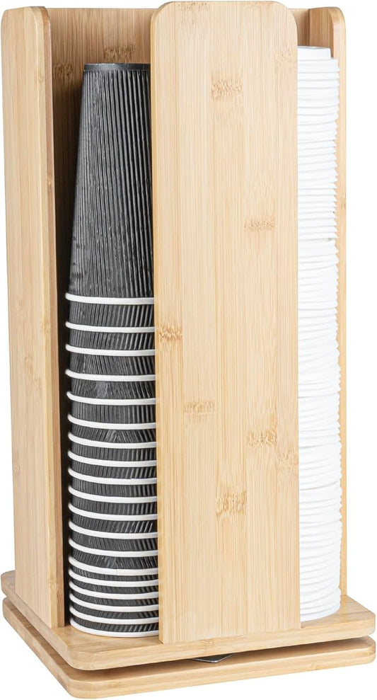 Restaurantware Restpresso 9 x 18 Inch Coffee Cup and Lid Organizer 1 Revolving Cup and Lid Holder - 4 Section Countertop Natural Bamboo Cup and Lid Dispenser For Restaurants Homes or Offices