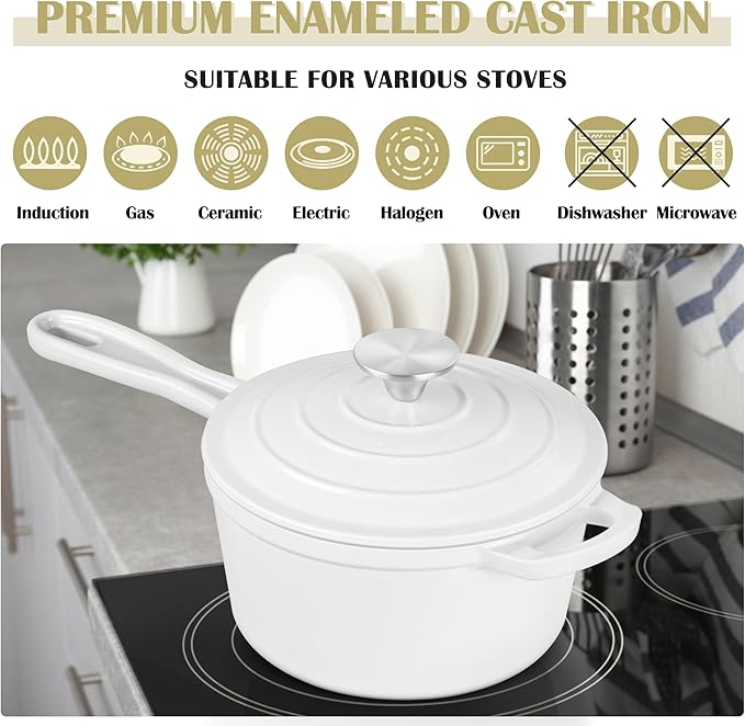 E-far Enameled Cast Iron Sauce Pan, 3 Quart Dutch Oven Saucepan with Lid, Small Sauce Pot for Cooking, Boiling, Healthy & Non Toxic, Induction & Oven Safe, White