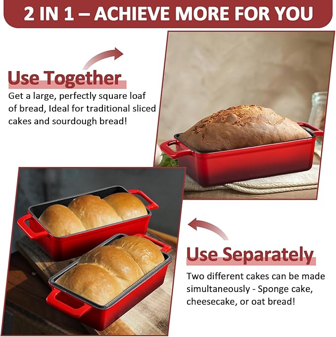 Leonyo 9x5 inch Enameled Cast Iron Loaf Pan, 2 Piece Homemade Sourdough Bread Loaf Pan with Lid, 2-in-1 Dutch Oven for Bread Baking, Pound Cake, Even Heat Distribution & Up to 500℉, Red