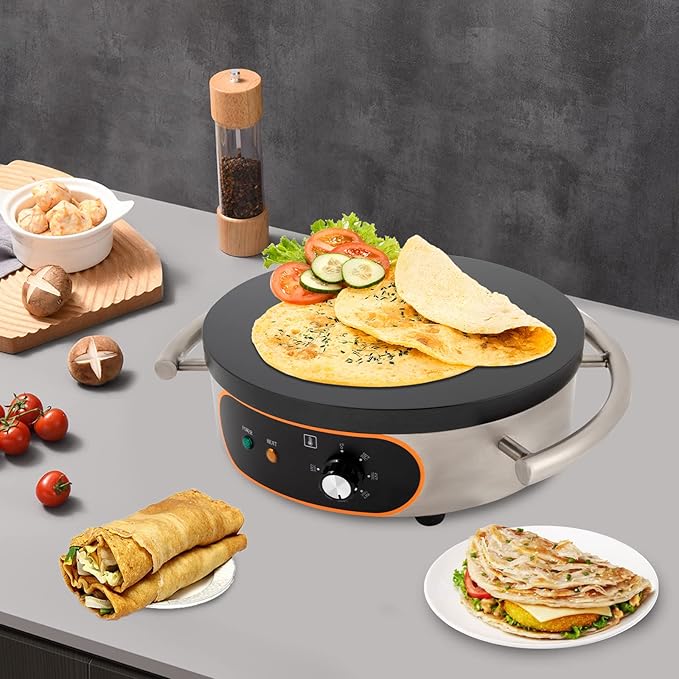 16" Crepe Maker 1500W 110V Commercial Electric Crepe Maker Non-Stick Pancake Baking Machine Single Pan Pancakes Maker Adjustable Temperature Control for Pancake Pan Griddle BBQ