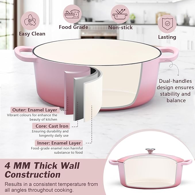 P&P CHEF Oval Dutch Oven with Lid, Enameled Cast Dutch Oven Pot for Bread Baking, Braising, Stewing, Roasting, Non-Stick & Oven Safe, Dual Handles & Easy Clean, 5QT & Pink, Valentine's Day