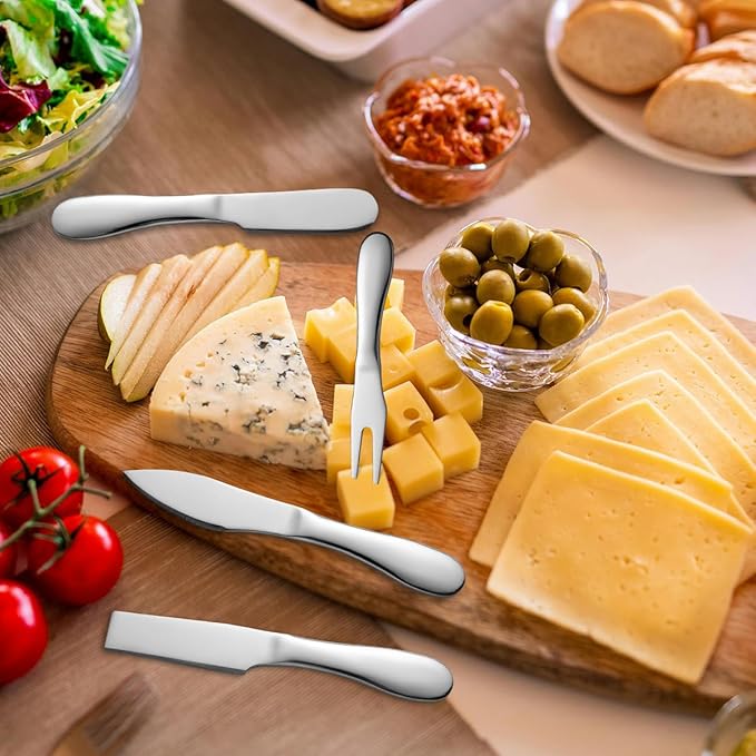 Cheese Knives Set Stainless Steel Silver 7 Pieces Kitchen Utensils Include Cheese Knife, Cheese Spreader, Cheese Forks, Cheese Slicer, Cheese Cutter, Butter Knives Server