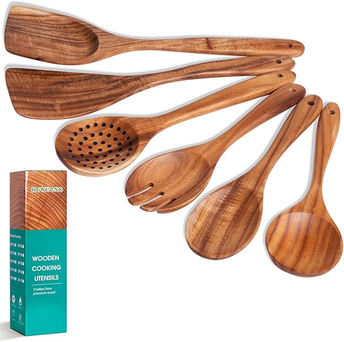Wooden Spoons for Cooking, Teak Wood Kitchen Utensil Set, Premium Handmade Wooden Utensils for Nonstick Cookware, Heat Resistant, Smooth Finish, Comfortable Grip, 6 Piece