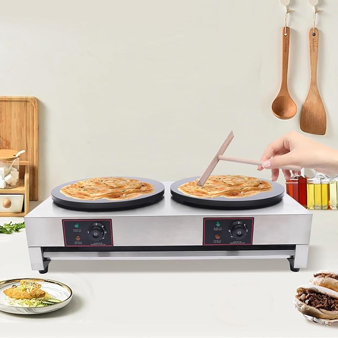 Crepe Maker, Commercial Electric Crepe Maker Machine, Non-Stick Electric Burner Griddle, 2-Burner Crepe Making Table Stove, 110v Kitchen Pancake Baking Machine for Tortilla Eggs Pancakes Blintzes Roti