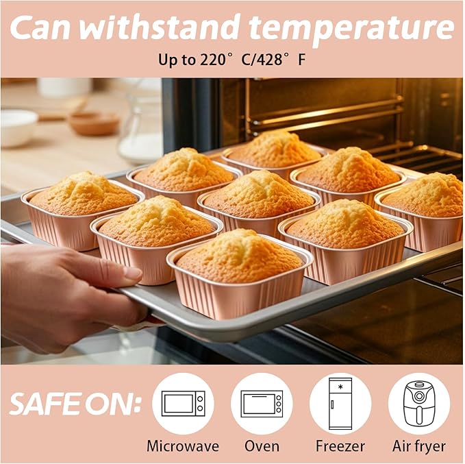 200 Pack 10 oz Square Mini Cake Pans with Lids, Disposable Aluminum Foil Baking Cups, Mini Ramekins for Brownies, Cupcakes, Cheesecake, Individual Desserts, Christmas Parties & Catering