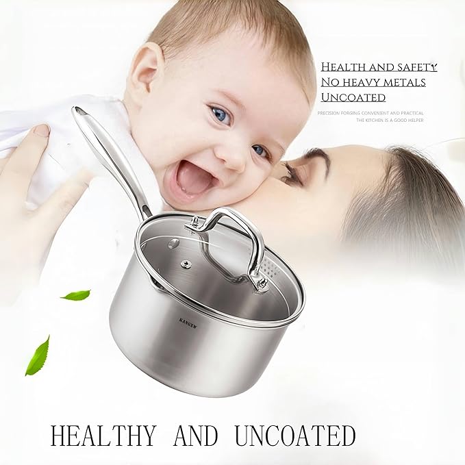 KANGXW 2.0 Quart Stainless Steel Saucepan,With Pour Spout and Filter Glass Lid Milk Pan, Sauce, Gravy, Pasta Stock Pot For All Stovetops