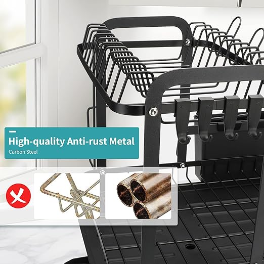Dish Drying Rack,16.5 * 11.8 * 13.6'' 2 Tier Over The Sink Dishrack Strainer,Large Capacity W/Drainboard and Utensil Holder,Auto-draining,Non-Slip for Kitchen Counter