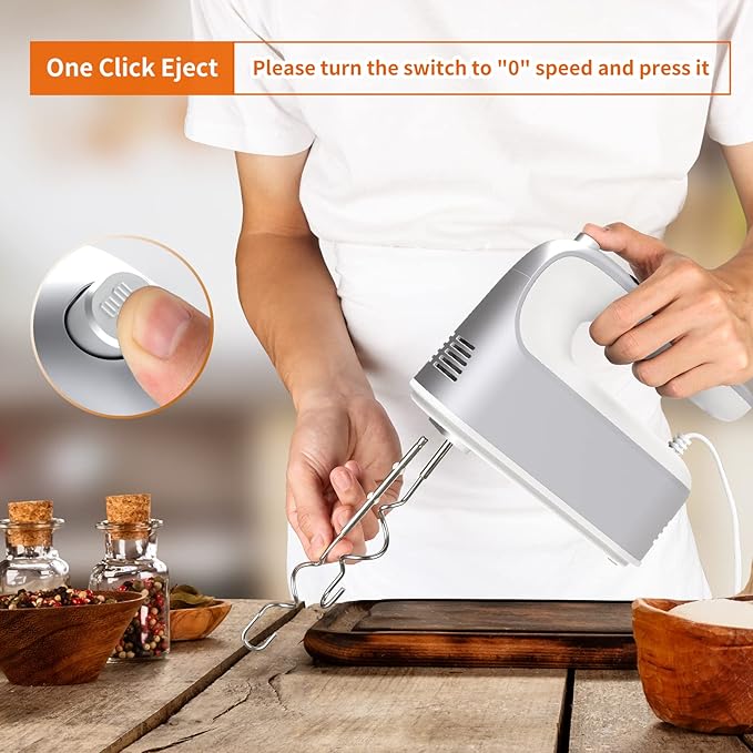 9-Speed Digital Hand Mixer Electric, 400W Powerful DC Motor, Hand Mixer Electric Handheld with Snap-On Storage Case, 5 Stainless Steel Accessories, Beaters, Dough Hooks, Whisk(Silvery White)