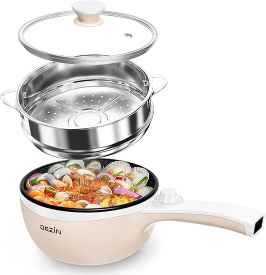 Dezin Hot Pot Electric with Steamer Upgraded, Non-Stick Sauté Pan, Rapid Noodles Electric Pot, 1.5L Mini Pot for Steak, Egg, Fried Rice, Ramen, Oatmeal, Soup with Power Adjustment