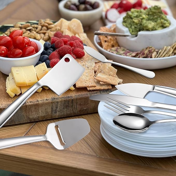 Modern Cheese Knives Silverware Set 8 Pieces include Dinning Knife Fork Spoon Stainless Steel Cooking Utensils Kitchen Gadget Tool Multifunctional Durable for Daily Use and Parties