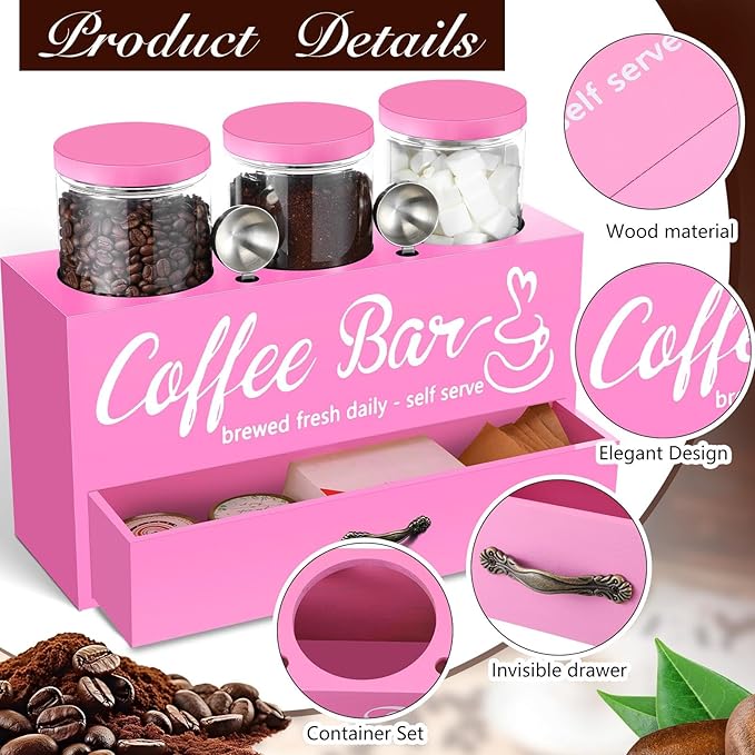 3 Pcs Coffee Bar Containers Set Include Coffee Sugar Container with Lid and Spoon and Double Layer Storage Box with Drawer for Bar Kitchen Countertop (Pink)