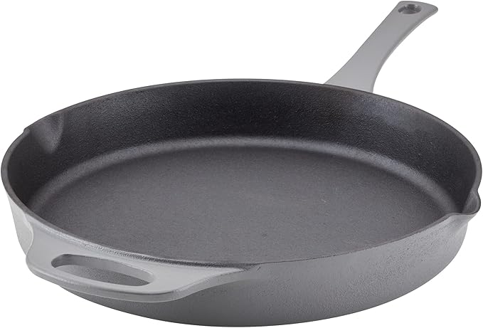 Rachael Ray NITRO Cast Iron Frying Pan/Skillet with Helper Handle and Pour Spouts, 12 Inch, Gray