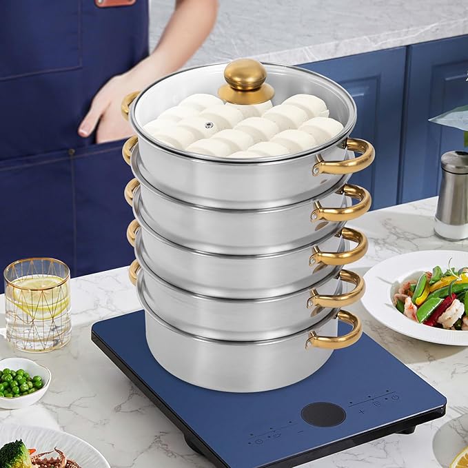 Stainless Steel Steamer Pots, Non-Stick Meat Vegetable Cooking Steam Pot Kitchen Steamer Cooker Dumpling Steamer Cookware Steaming Pots for Induction Cookers, Electric Ceramic Stoves (5-Tier, 28cm)