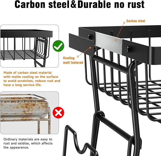 Rustproof Stainless Steel Dish Drying Rack,2 Tier Large Dish Rack for Kitchen Counter,Dish Rack with Drainboard,Dish Drainer with Utensil Holder & Cup Holder,Black