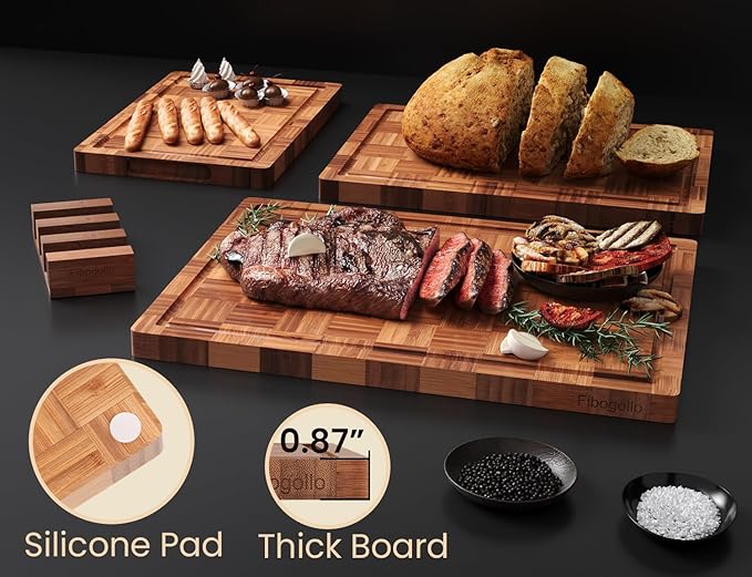 Bamboo Cutting Boards for Kitchen(Set of 3),Chopping Boards with Juice Groove,End Grain Serving Board with Holder,Bamboo Butcher Block for Meat,Vegetables,Fruit