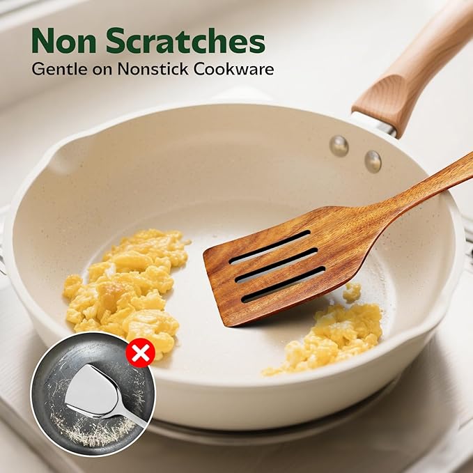 ANBUY 6 Pcs Wooden Kitchen Utensil Set, Wooden Spoons for Cooking, Heat Resistant BPA Free Wood Turner Wok Spatulas & Ladle Set, Skimmer Strainer for Spaghetti, No Scratch & No Stick for Cookware