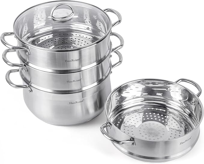 3-Tier Stainless Steel Steamer Pot with Lid Dumpling Steamer Pot for Cooking (3-tiered), Multi-Layer Cookware Pot, Food Vegetable Cooking Pan with Stackable Pan Insert for Vegetable, Dumpling, Meat, Dishwasher safe, Induction Safe (Silver, 10.56-qt. (1...