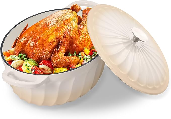 Enameled Oval Dutch Oven Pot with Lid, 7 QT Cast Iron Dutch Oven with Dual Handles for Cooking, Bread Baking, Frying, Non-stick Enamel Coated Oven (Caramel White)