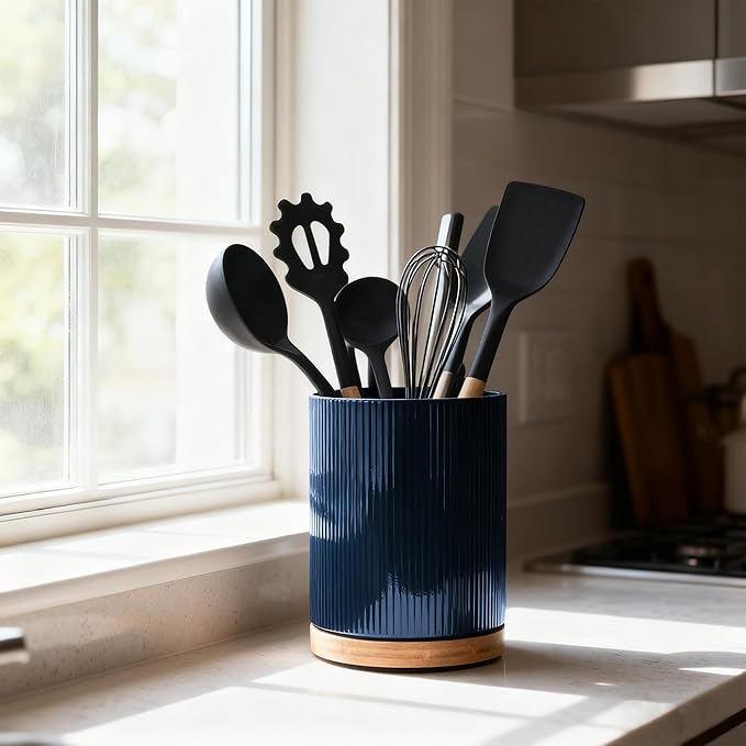 QUELIEN 360° Rotating Ceramic Utensil Crock - Large Kitchen Counter Organizer with Cork Base, Elegant Home Decor for Cooking Tools, Housewarming,Mothers Day & Christmas Gift Ideas (Blue)