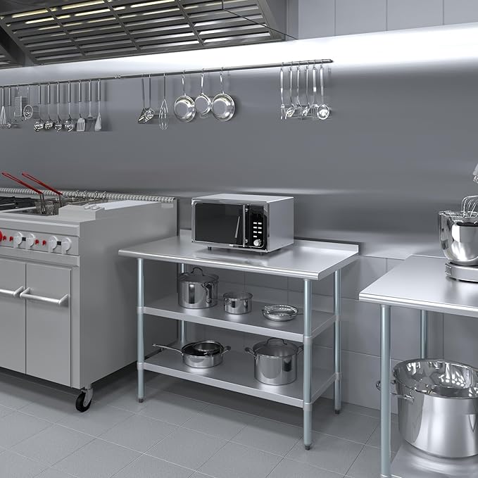 AmGood Stainless Steel Work Table with 1.5" Backsplash and 2 Shelves | NSF (48" Long x 24" Deep)