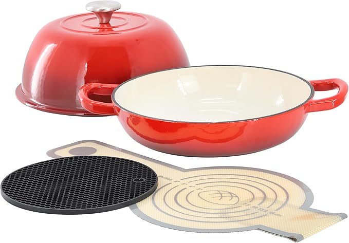 MegaChef 6 Quart Enameled Cast Iron Bread Pot in Red with Baking Mat, Dutch Oven, Bread Oven for Homemade Bread (Red)