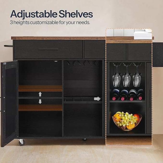 HOOBRO Kitchen Island on Wheels, Rolling Kitchen Island with Power Outlet, Island Table with Storage Cabinet, 2 Drawers, Spice Rack and Towel Rack, Black and Rustic Brown BF14UZD01