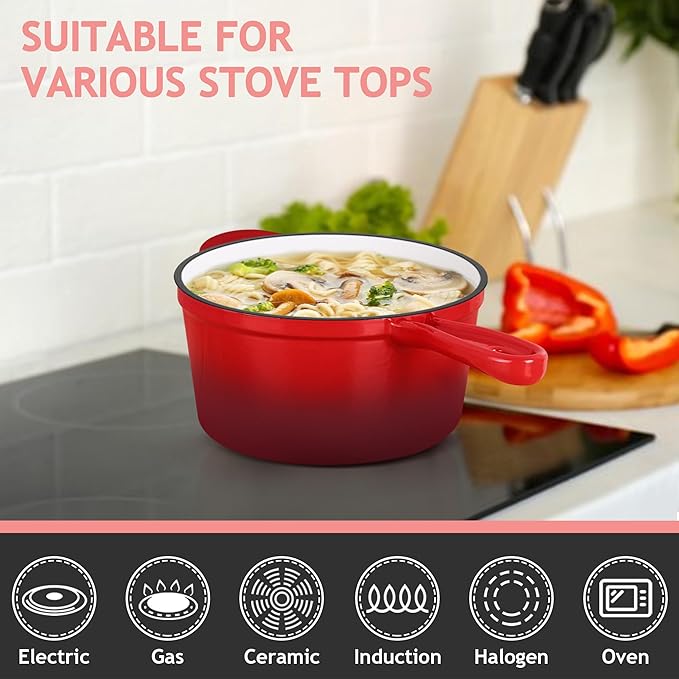 TeamFar 2QT Enameled Cast Iron Sauce Pan, Small Sauce Pot with Lid, Mini Dutch Oven Saucepan for Cooking/Simmering/Baking/Boiling, Sturdy & Nonstick, Oven Safe & Fit for Induction-Red