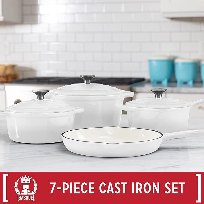 Basque Enameled Cast Iron Cookware Set (Blanc White), 7-Piece Set, Nonstick, Oversized Handles, Oven Safe; 10.25" Skillet, 2QT Saucepan, 2.25QT Small Dutch Oven, 4.75QT Large Dutch Oven