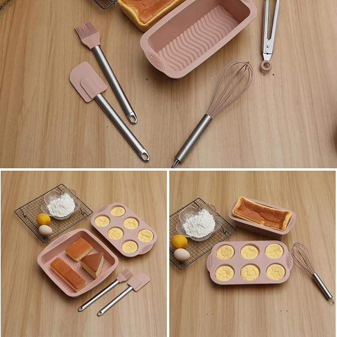 10in1 Nonstick Silicone Baking Cake Pan Cookie Sheet Molds Tray Set for Oven, BPA Free Heat Resistant Bakeware Suppliers Tools Kit for Muffin Loaf Bread Pizza Cheesecake Cupcake Pie Utensil (Pink)