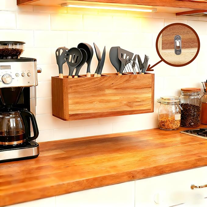 Acacia Wood Utensil Holder: Extra Large Utensil Organizer - 4 Compartment Kitchen Utensil Organizer for Countertop Or Wall