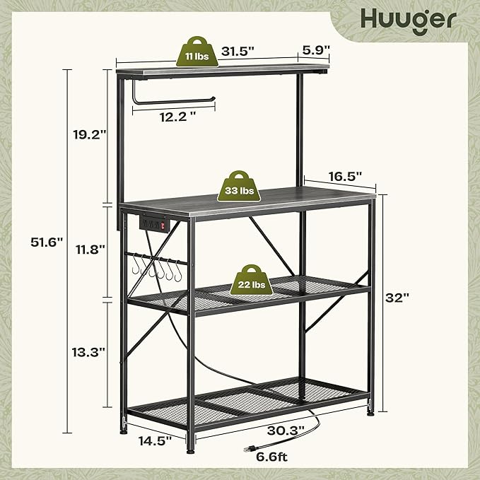 Huuger 4-Tier Bakers Rack with Reversible Power Outlet, 31.5 Inch Microwave Stand, Kitchen Coffee Bar, with Top Shelf, 6 S Hooks, Grey