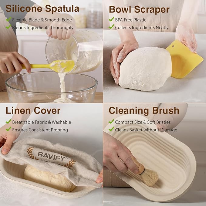 Sourdough Starter Kit, 11" Oval Wood Pulp Banneton Bread Proofing Baskets Set, Sourdough Bread Baking Supplies Making Tools with Dough Scraper, Whisk, Bread Lame, Recipe