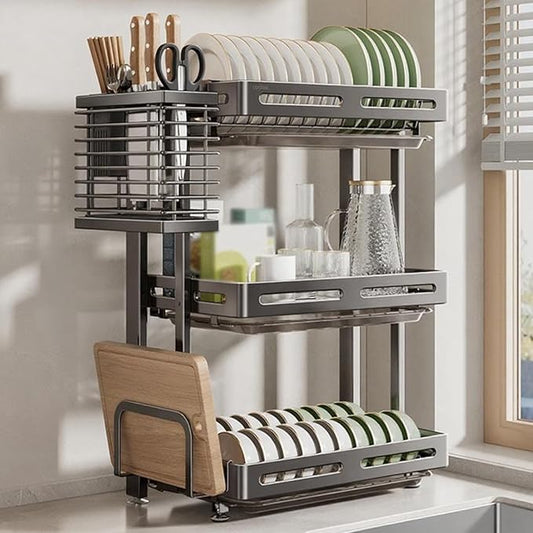 Stainless Steel Kitchen Dish Drying Rack with Drain Board Wall-mounted and Freestanding Countertop Dish Storage Rack Over Sink for Countertop Storage(Gray,Freestanding Three layers)