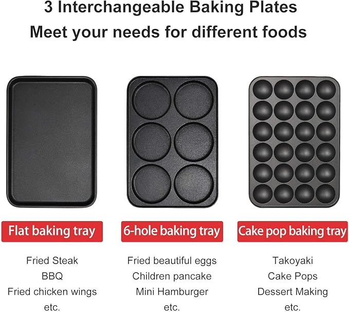 Multifunction Nonstick Baking Maker with 3 Interchangeable Baking Plates for Fried Eggs, Fried Steak, Takoyaki, Cake Pops, Grill Maker, RED-1