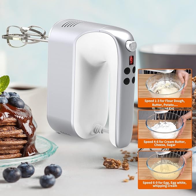 9-Speed Digital Hand Mixer Electric, 400W Powerful DC Motor, Hand Mixer Electric Handheld with Snap-On Storage Case, 5 Stainless Steel Accessories, Beaters, Dough Hooks, Whisk(Silvery White)
