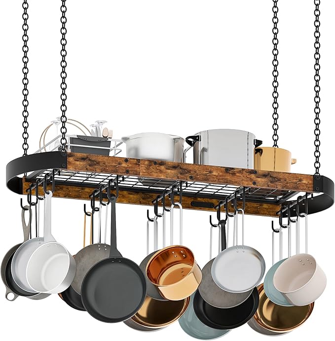 39.4-Inch Hanging Pot Rack, Space-Saving Pot Hanger for Kitchen, Ceiling Pan Hanging Rack with 16 Detachable S Hooks, Sturdy Metal Frame, Industrial Style, Rustic Brown and Black TPR10BF