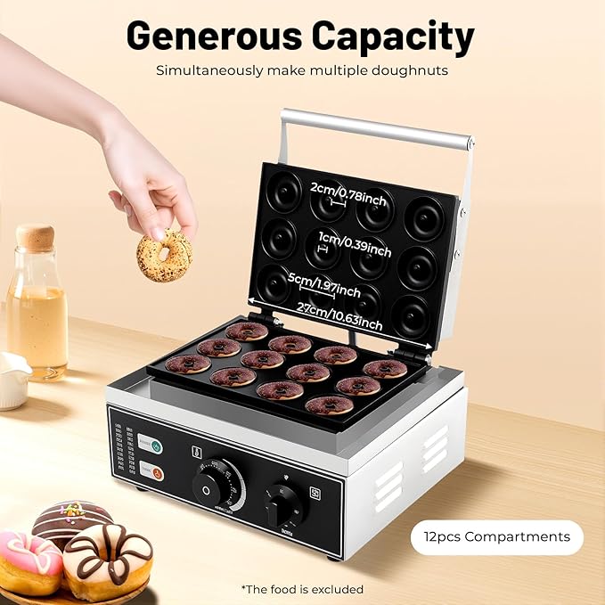Electric Donut Maker, 110V 1550W Commercial Non-Stick Doughnut Machine 122-572℉ Double-Sided Heating Pancakes Maker Machine w/12 Holes for Parties Kitchen Cafes & Tea Stores